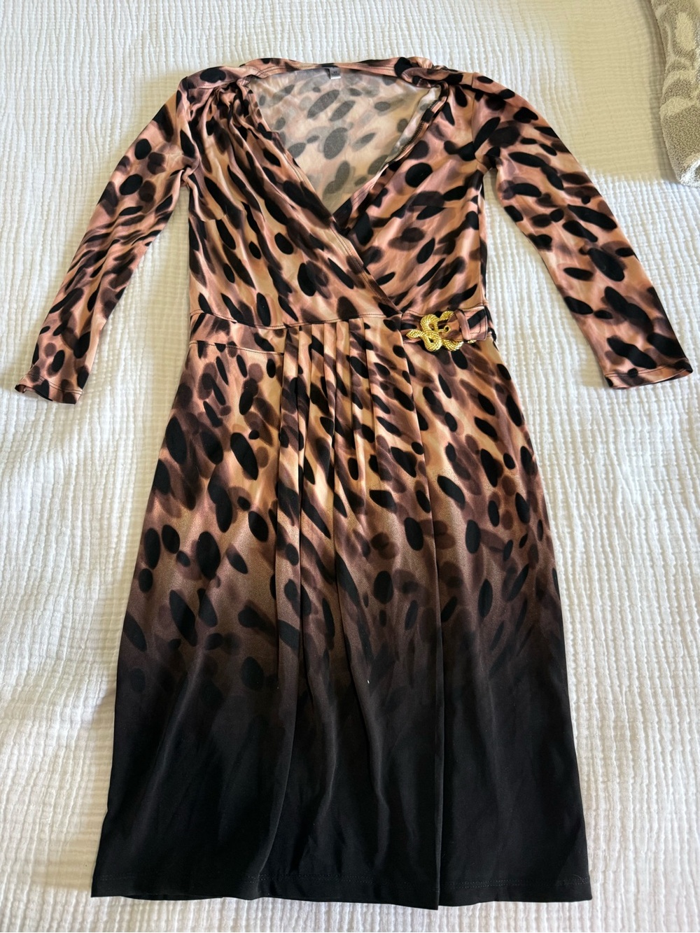 Jennifer Lopez Long-Sleeve Leopard-Print Wrap Dress with Gold Buckle